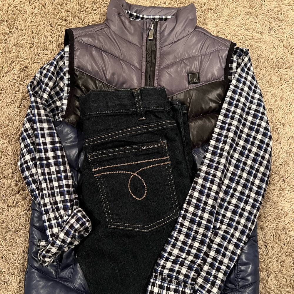 Calvin Klein Puffer Vest and Plaid Shirt